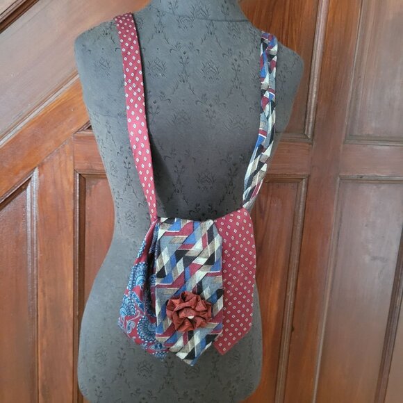 Upcycled Handmade Tie Crossbody Bag With Geometric Patterns & Floral Accent - Picture 10 of 11